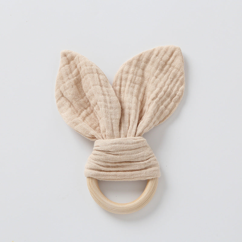 Beige muslin bunny ear teether ring