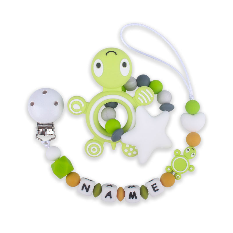 Silicone turtle teether pacifier clip lime green