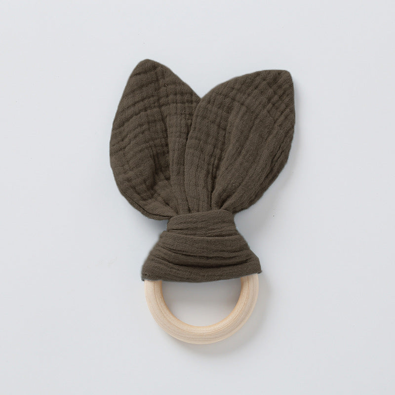 Dark brown muslin bunny ear teether ring