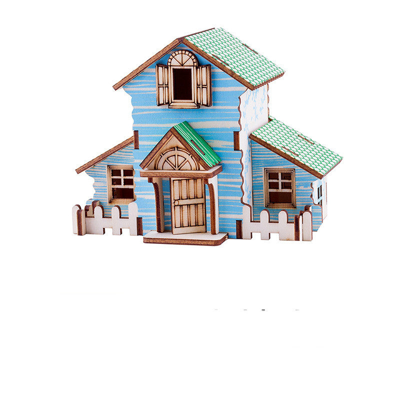 Blue two-story house wooden 3D puzzle with fence