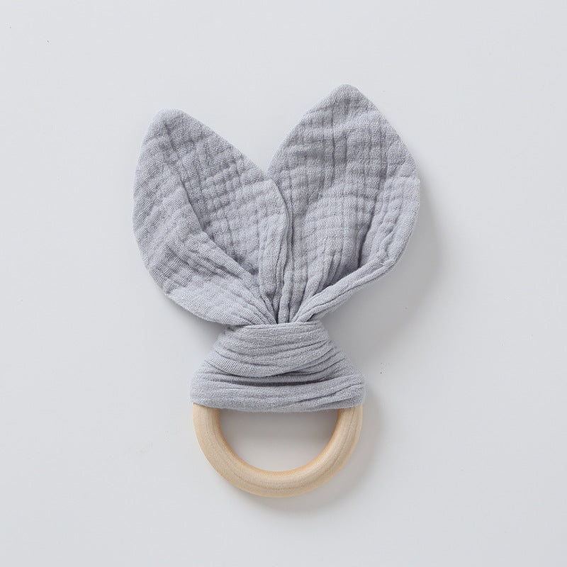 Light grey muslin bunny ear teether ring