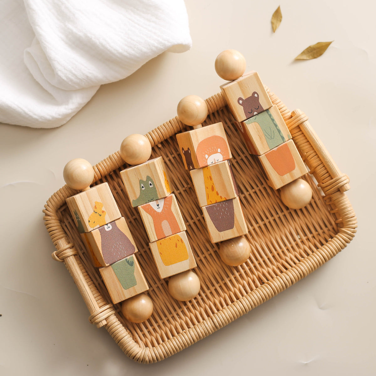 Wooden rotating puzzles in a wicker basket