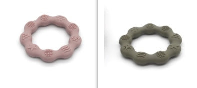 Silicone textured ring teether pair in light pink and sage green