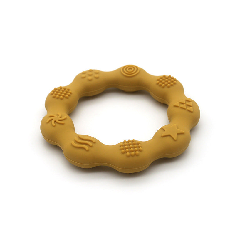 Silicone textured ring teether in mustard yellow
