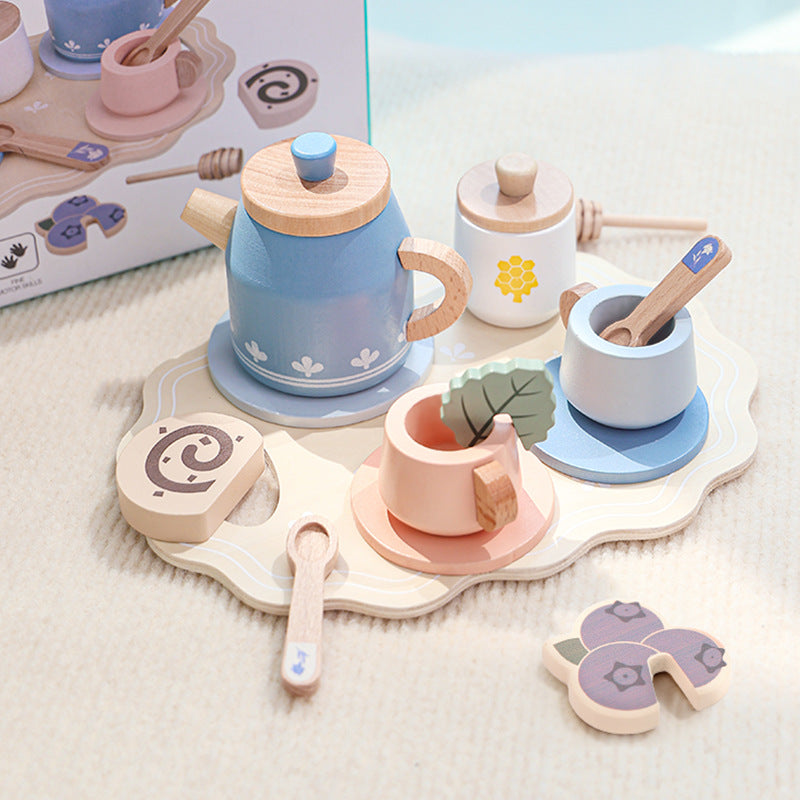 Blue wooden tea party set with gift box