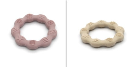 Silicone textured ring teether pair in light pink and beige