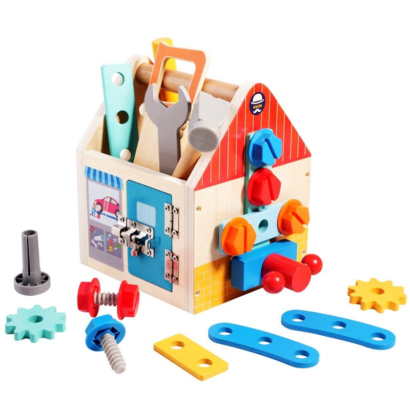 Wooden Montessori busy toolbox on white background