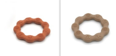 Silicone textured ring teether pair in orange and khaki