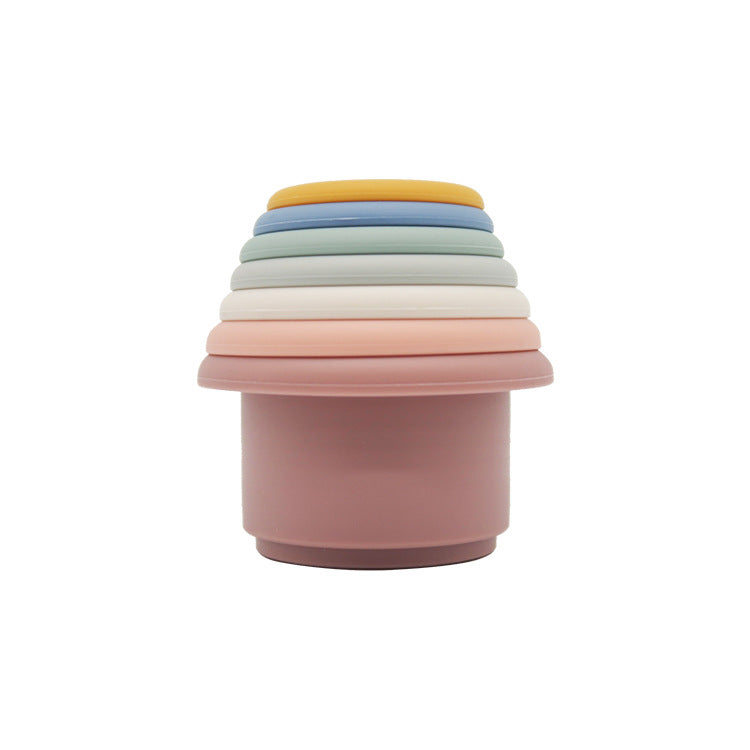 Pink silicone stacking cups nested together