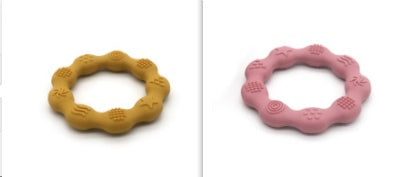 Silicone textured ring teether pair in mustard yellow and pink