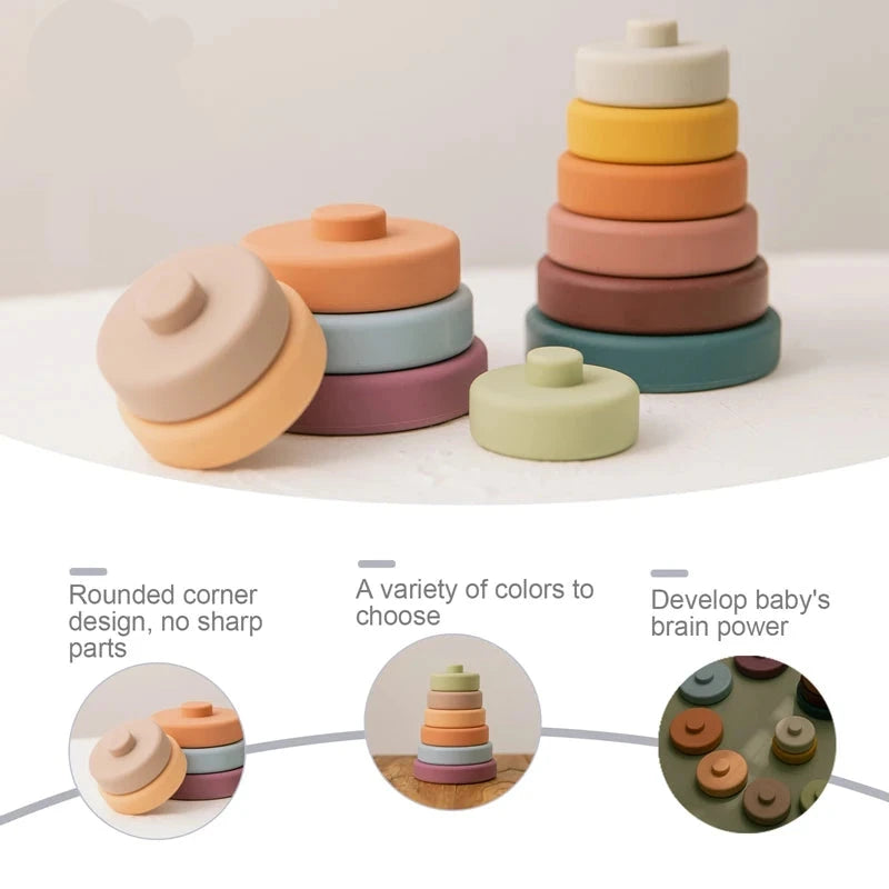 Colorful Bubebaby Babylove Soft Building Blocks and Silicone Block Teether. Unisex, CE-certified toys that enhance cognitive and sensory development, hand-eye coordination, and logical thinking in children. Includes 6pcs of blocks, a 3D folding tower, and a stacking game toy, made from high-quality silicone for fun and skill development