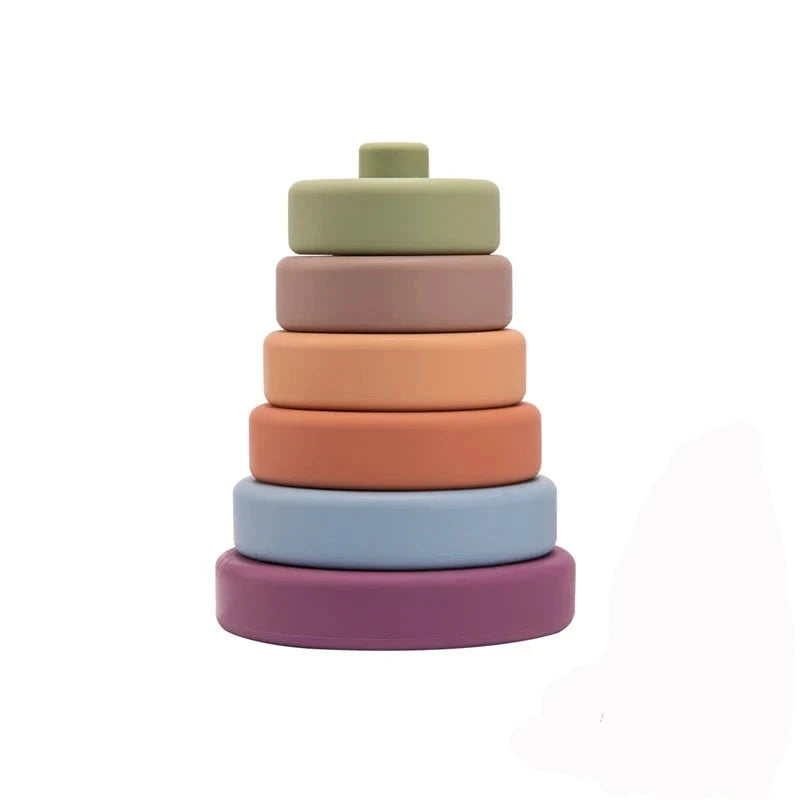 Colorful Bubebaby Babylove Soft Building Blocks and Silicone Block Teether. Unisex, CE-certified toys that enhance cognitive and sensory development, hand-eye coordination, and logical thinking in children. Includes 6pcs of blocks, a 3D folding tower, and a stacking game toy, made from high-quality silicone for fun and skill development