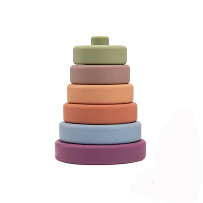 Colorful Bubebaby Babylove Soft Building Blocks and Silicone Block Teether. Unisex, CE-certified toys that enhance cognitive and sensory development, hand-eye coordination, and logical thinking in children. Includes 6pcs of blocks, a 3D folding tower, and a stacking game toy, made from high-quality silicone for fun and skill development