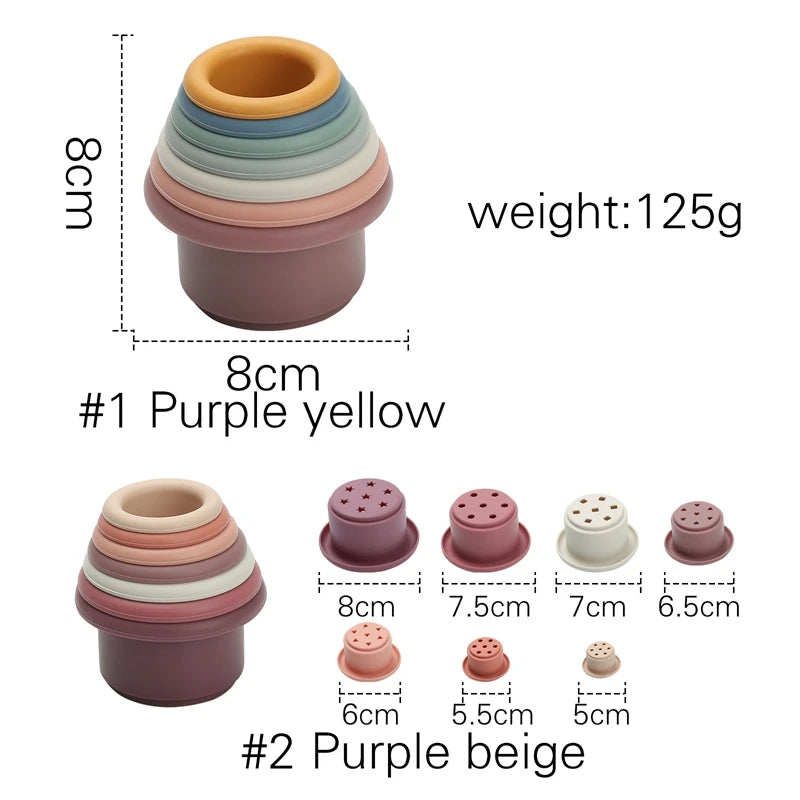 Discover the Montessori Silicone Stacking Cups at BubeBaby. Made from durable ABS, these versatile cups are perfect for beach, bath, and indoor play. Packaged in a net bag, they offer endless fun . Ideal for sensory play and skill development