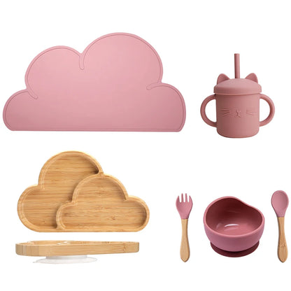 Eco-friendly Bubebaby Babylove 6-piece/7-piece Bamboo and Silicone Dinnerware Set for babies aged 6 months to 6 years. Made from BPA-free silicone and bamboo wood, this set includes a bowl, plate, fork, spoon, and teething toys, providing a safe and healthy mealtime experience. Certified by CE, EU, CIQ, and other standards for safety and quality