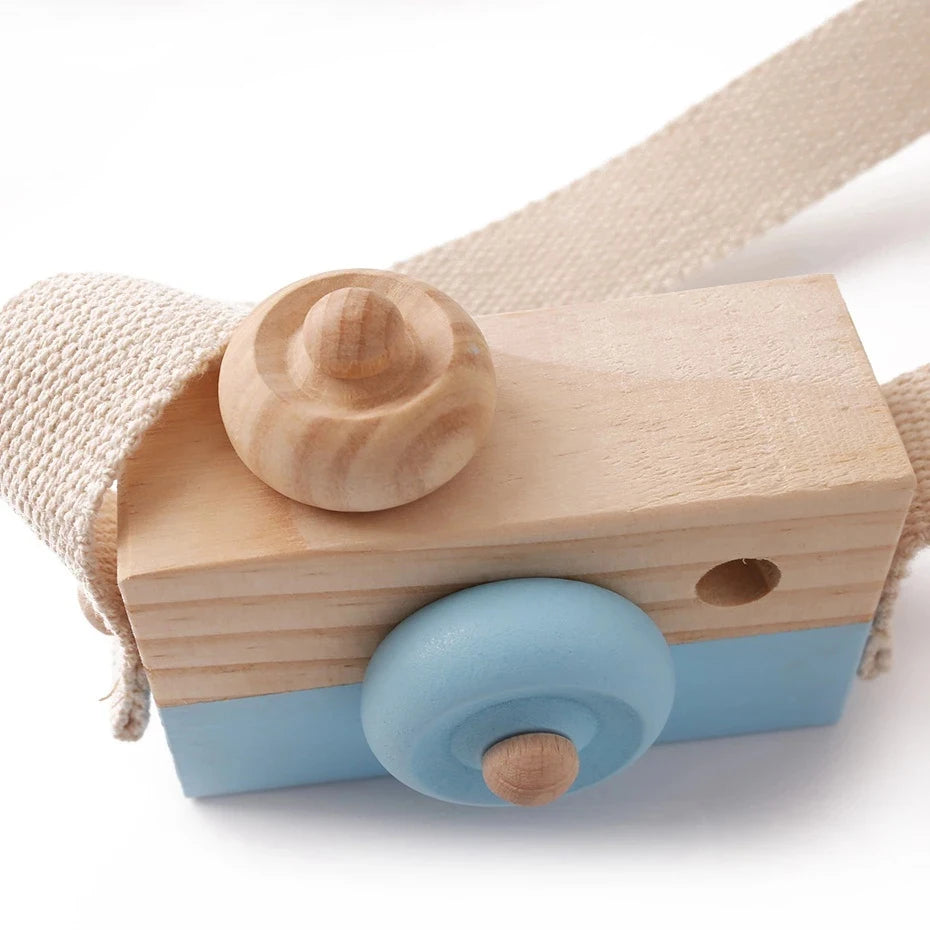 Babylove Wooden Vintage Camera in 8 colors, ideal for baby room decoration and play, designed with soft, textured surfaces for children aged 3-6 years. Unisex, CE certified, and Montessori-inspired