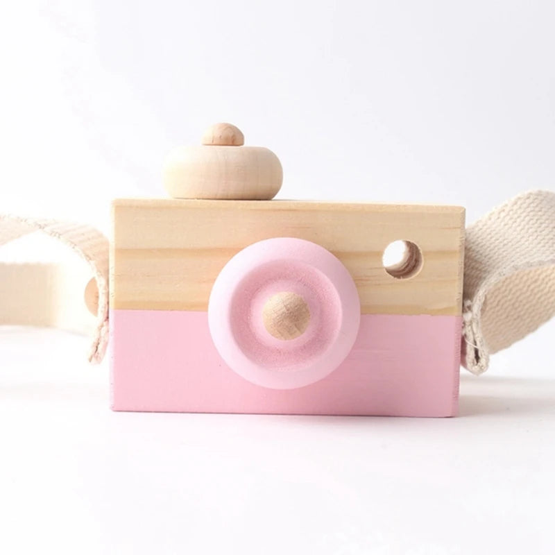Babylove Wooden Vintage Camera in 8 colors, ideal for baby room decoration and play, designed with soft, textured surfaces for children aged 3-6 years. Unisex, CE certified, and Montessori-inspired