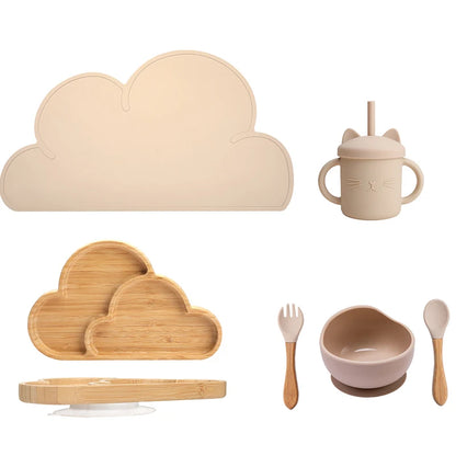 Eco-friendly Bubebaby Babylove 6-piece/7-piece Bamboo and Silicone Dinnerware Set for babies aged 6 months to 6 years. Made from BPA-free silicone and bamboo wood, this set includes a bowl, plate, fork, spoon, and teething toys, providing a safe and healthy mealtime experience. Certified by CE, EU, CIQ, and other standards for safety and quality