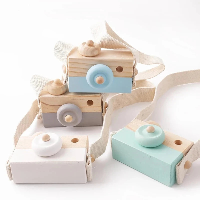Babylove Wooden Vintage Camera in 8 colors, ideal for baby room decoration and play, designed with soft, textured surfaces for children aged 3-6 years. Unisex, CE certified, and Montessori-inspired
