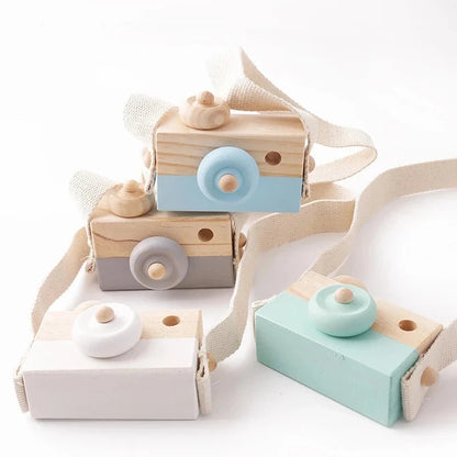 Babylove Wooden Vintage Camera in 8 colors, ideal for baby room decoration and play, designed with soft, textured surfaces for children aged 3-6 years. Unisex, CE certified, and Montessori-inspired