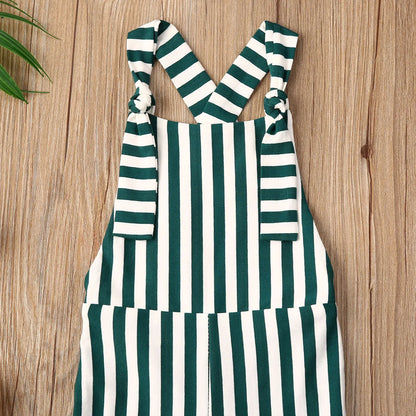 BabyLove Sleeveless Striped Romper at BubeBaby, perfect for baby girls from 0-5 years. Made from a comfy cotton-polyester blend, this versatile romper features a square collar, covered button closure, and short sleeves, ideal for all seasons. 
