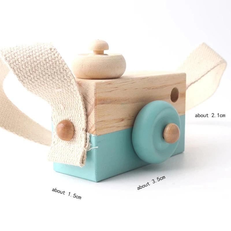 Babylove Wooden Vintage Camera in 8 colors, ideal for baby room decoration and play, designed with soft, textured surfaces for children aged 3-6 years. Unisex, CE certified, and Montessori-inspired
