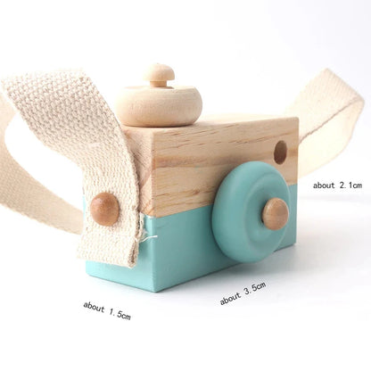 Babylove Wooden Vintage Camera in 8 colors, ideal for baby room decoration and play, designed with soft, textured surfaces for children aged 3-6 years. Unisex, CE certified, and Montessori-inspired