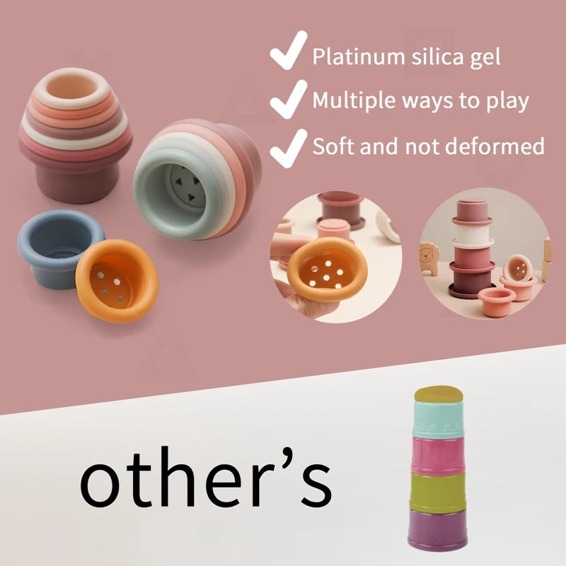 Discover the Montessori Silicone Stacking Cups at BubeBaby. Made from durable ABS, these versatile cups are perfect for beach, bath, and indoor play. Packaged in a net bag, they offer endless fun . Ideal for sensory play and skill development