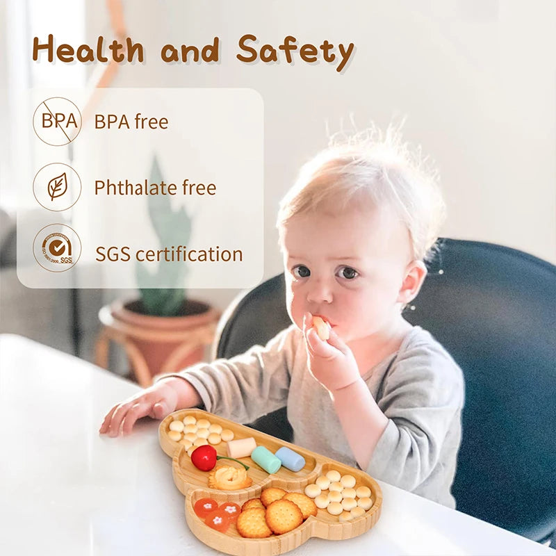 Eco-friendly Bubebaby Babylove 6-piece/7-piece Bamboo and Silicone Dinnerware Set for babies aged 6 months to 6 years. Made from BPA-free silicone and bamboo wood, this set includes a bowl, plate, fork, spoon, and teething toys, providing a safe and healthy mealtime experience. Certified by CE, EU, CIQ, and other standards for safety and quality