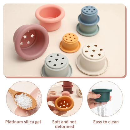 Discover the Montessori Silicone Stacking Cups at BubeBaby. Made from durable ABS, these versatile cups are perfect for beach, bath, and indoor play. Packaged in a net bag, they offer endless fun . Ideal for sensory play and skill development