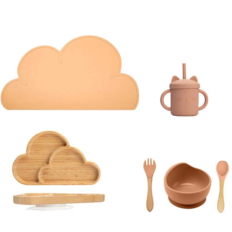 Eco-friendly Bubebaby Babylove 6-piece/7-piece Bamboo and Silicone Dinnerware Set for babies aged 6 months to 6 years. Made from BPA-free silicone and bamboo wood, this set includes a bowl, plate, fork, spoon, and teething toys, providing a safe and healthy mealtime experience. Certified by CE, EU, CIQ, and other standards for safety and quality