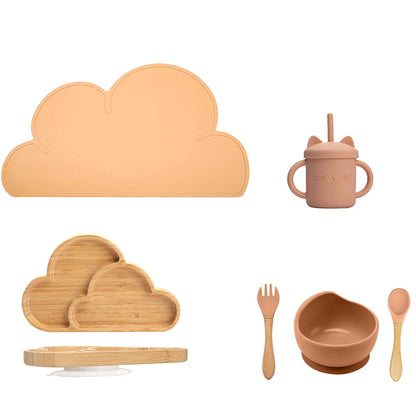 Eco-friendly Bubebaby Babylove 6-piece/7-piece Bamboo and Silicone Dinnerware Set for babies aged 6 months to 6 years. Made from BPA-free silicone and bamboo wood, this set includes a bowl, plate, fork, spoon, and teething toys, providing a safe and healthy mealtime experience. Certified by CE, EU, CIQ, and other standards for safety and quality