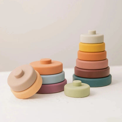 Colorful Bubebaby Babylove Soft Building Blocks and Silicone Block Teether. Unisex, CE-certified toys that enhance cognitive and sensory development, hand-eye coordination, and logical thinking in children. Includes 6pcs of blocks, a 3D folding tower, and a stacking game toy, made from high-quality silicone for fun and skill development