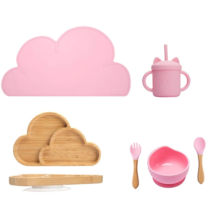 Eco-friendly Bubebaby Babylove 6-piece/7-piece Bamboo and Silicone Dinnerware Set for babies aged 6 months to 6 years. Made from BPA-free silicone and bamboo wood, this set includes a bowl, plate, fork, spoon, and teething toys, providing a safe and healthy mealtime experience. Certified by CE, EU, CIQ, and other standards for safety and quality