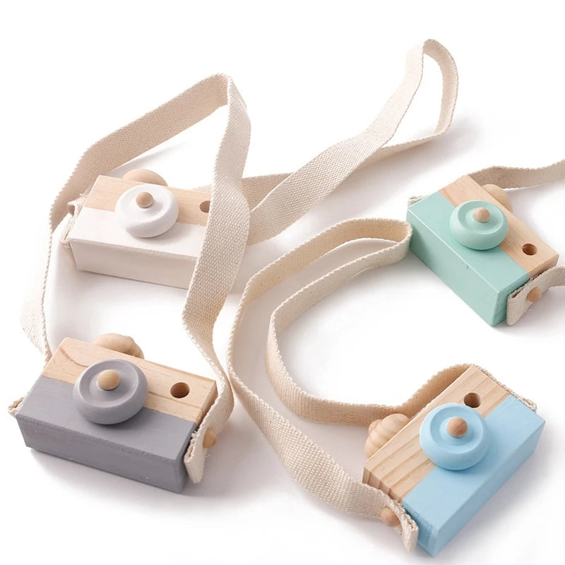 Babylove Wooden Vintage Camera in 8 colors, ideal for baby room decoration and play, designed with soft, textured surfaces for children aged 3-6 years. Unisex, CE certified, and Montessori-inspired