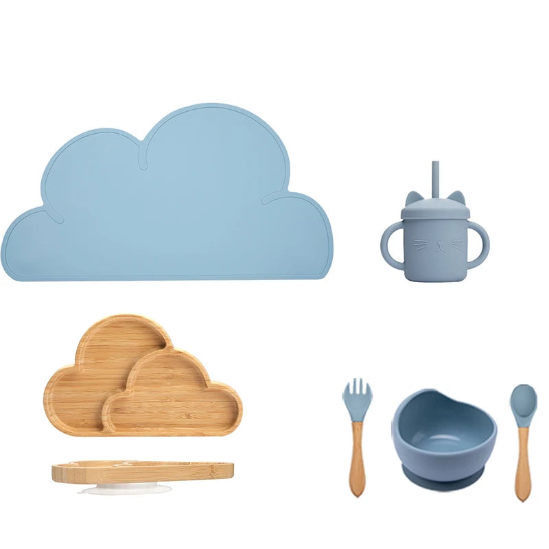Eco-friendly Bubebaby Babylove 6-piece/7-piece Bamboo and Silicone Dinnerware Set for babies aged 6 months to 6 years. Made from BPA-free silicone and bamboo wood, this set includes a bowl, plate, fork, spoon, and teething toys, providing a safe and healthy mealtime experience. Certified by CE, EU, CIQ, and other standards for safety and quality