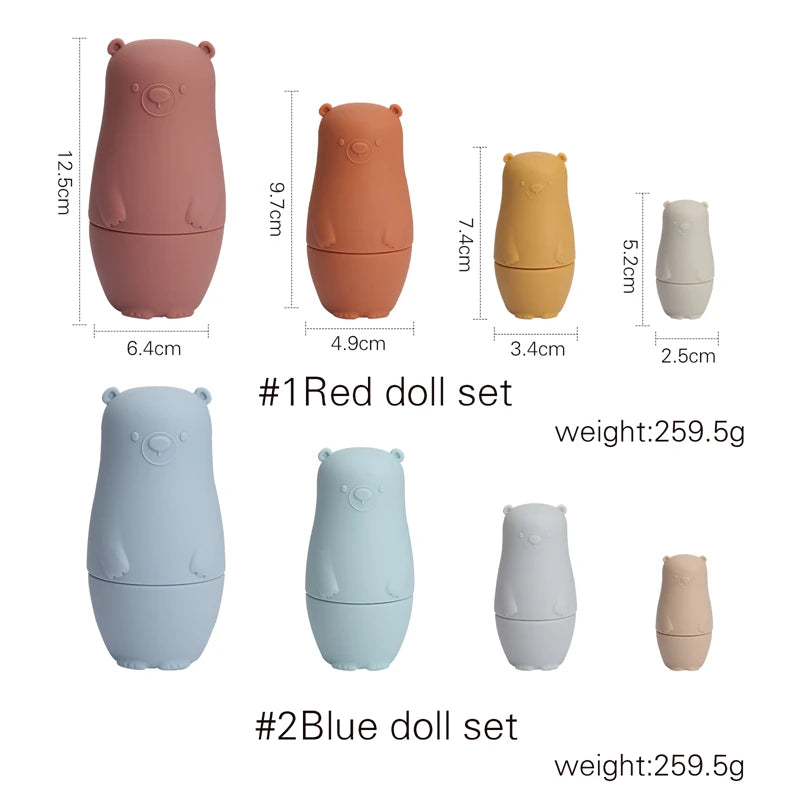 Montessori Silicone Bear Matryoshka Toy: A set of soft, stackable, bear-shaped nesting dolls in various sizes, made from pastel-colored, food-grade silicone. The bears fit inside one another, designed to encourage fine motor skills, sensory exploration, and cognitive development in young children
