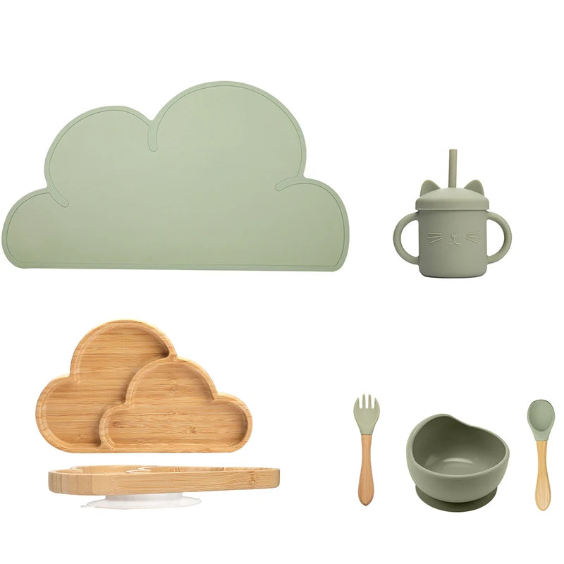 Eco-friendly Bubebaby Babylove 6-piece/7-piece Bamboo and Silicone Dinnerware Set for babies aged 6 months to 6 years. Made from BPA-free silicone and bamboo wood, this set includes a bowl, plate, fork, spoon, and teething toys, providing a safe and healthy mealtime experience. Certified by CE, EU, CIQ, and other standards for safety and quality
