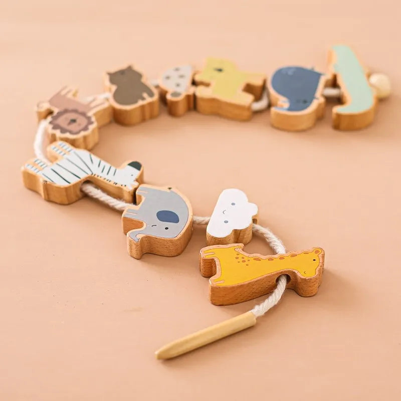 Montessori Wooden Animal Thread Toy designed for fine motor skills and imaginative play at BubeBaby