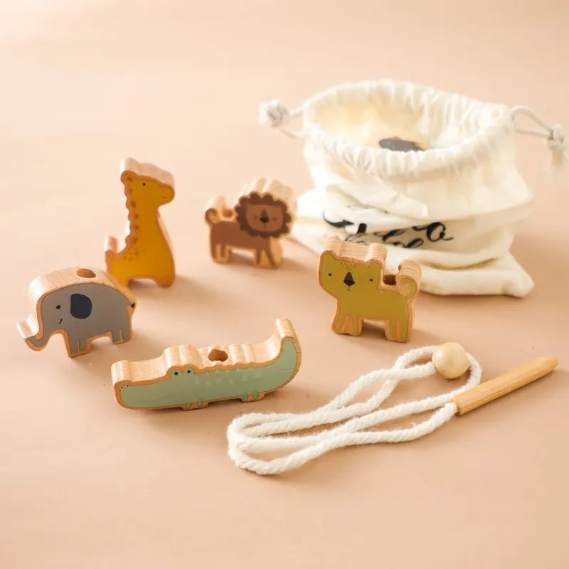 Montessori Wooden Animal Thread Toy designed for fine motor skills and imaginative play at BubeBaby
