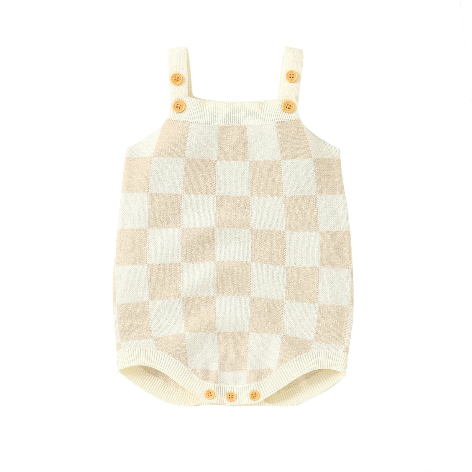 Bubebaby BabyLove unisex romper in a comfortable cotton and polyester blend, featuring a charming plaid pattern, square-neck collar, and covered button closures. Ideal for summer, available in sizes for ages 0-24 months.