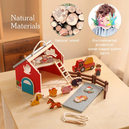 Wooden Montessori farm setting toy with a removable roof, two-story design, and detachable yard, suitable for ages 0-18+. Certified CE/CPC for safety. Promotes creativity and observation skills. Packaged in a gift box, weighs 812g