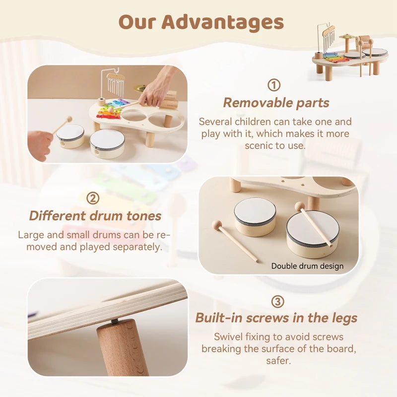 Discover the Bubebaby Montessori Music Table, an educational and non-electric musical instrument designed for children ages 0-14+. This table features engaging musical elements. Lightweight at 1.23kg and measuring 41.2X24.7X9.5cm, it's perfect for young learners seeking fun and educational play