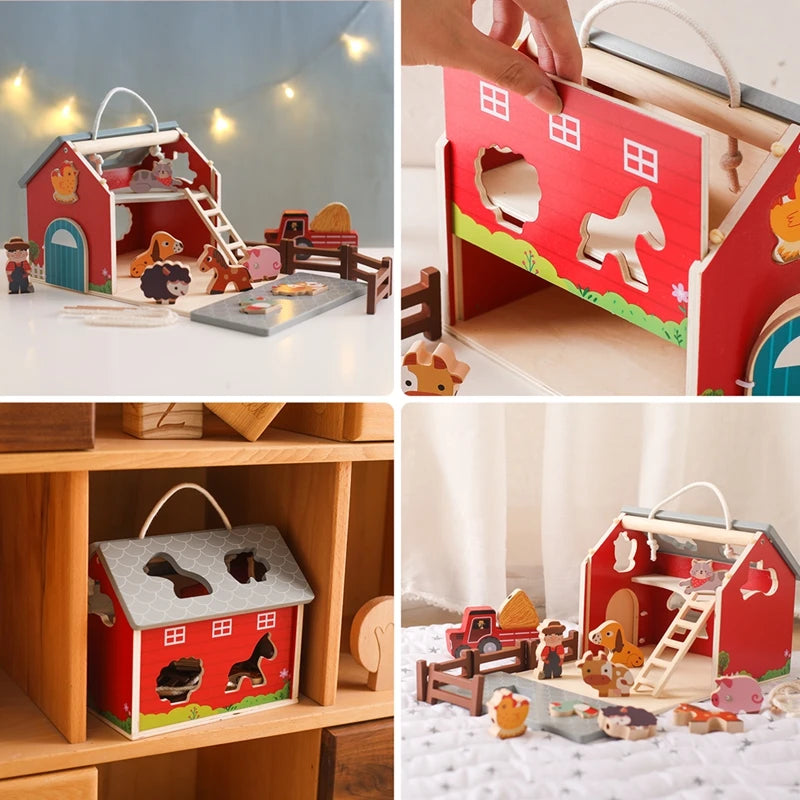 Wooden Montessori farm setting toy with a removable roof, two-story design, and detachable yard, suitable for ages 0-18+. Certified CE/CPC for safety. Promotes creativity and observation skills. Packaged in a gift box, weighs 812g