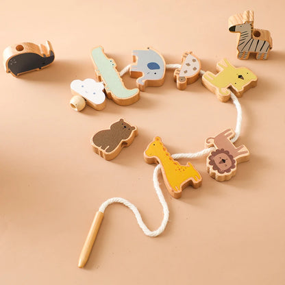 Montessori Wooden Animal Thread Toy designed for fine motor skills and imaginative play at BubeBaby