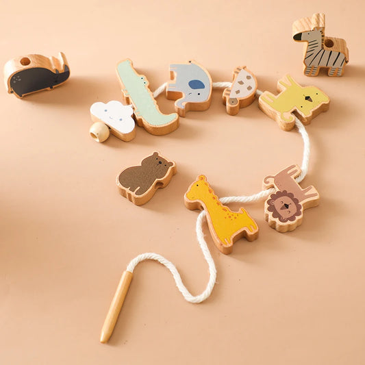 Montessori Wooden Animal Thread Toy designed for fine motor skills and imaginative play at BubeBaby