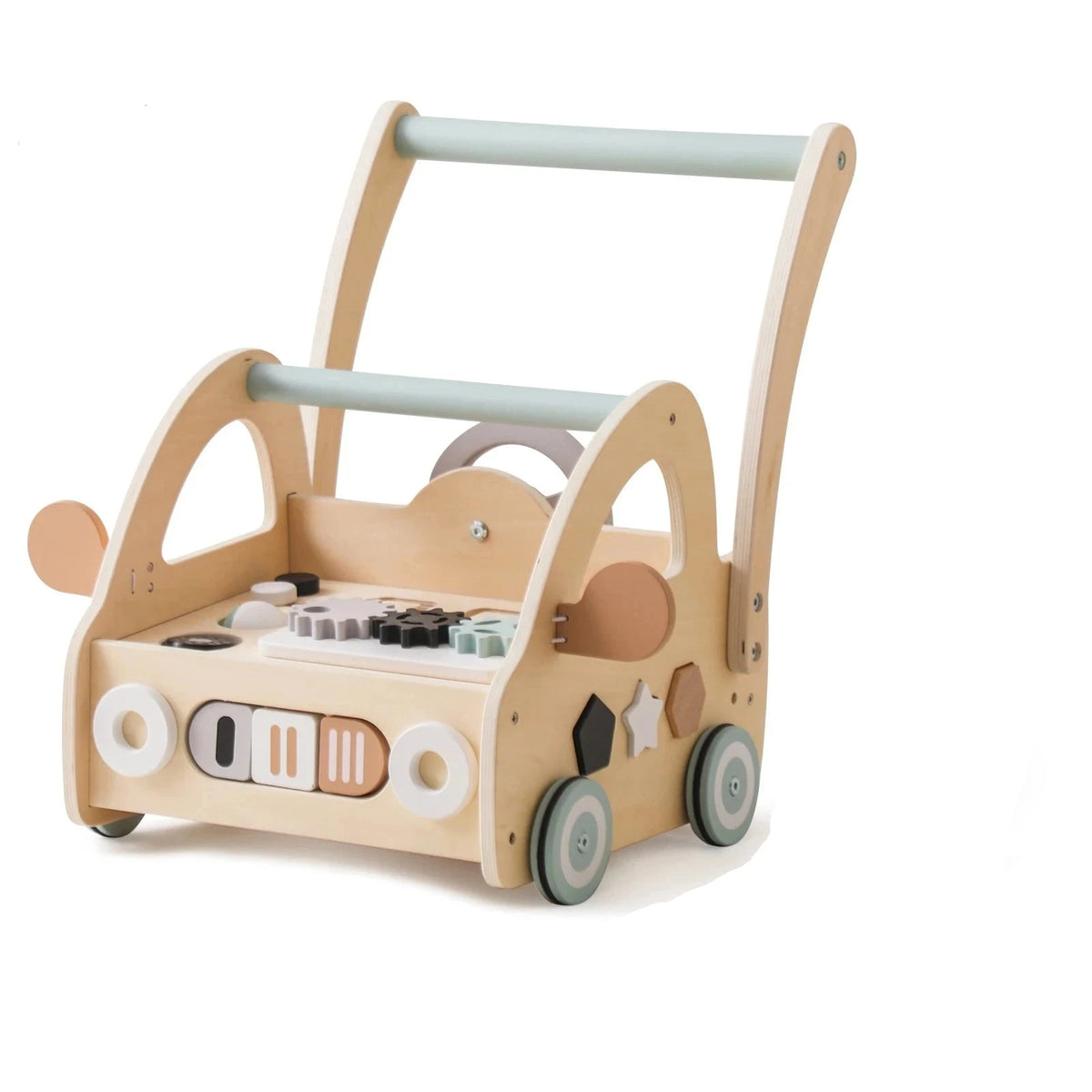 Wooden activity push walker on a white background