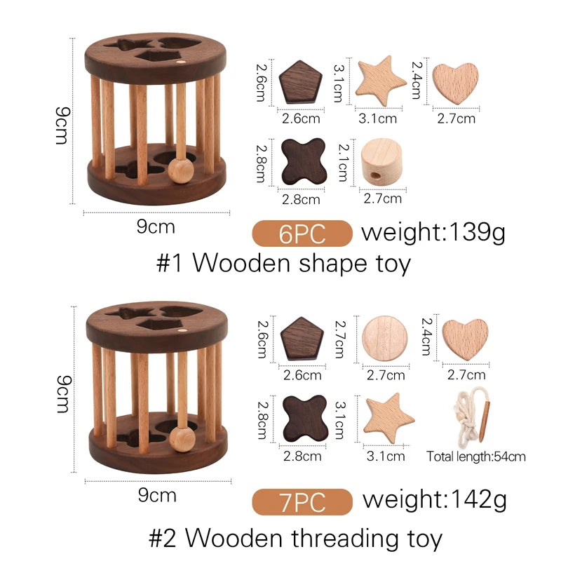 Size guide for the 6 piece shape toy and 7 piece threading toy
