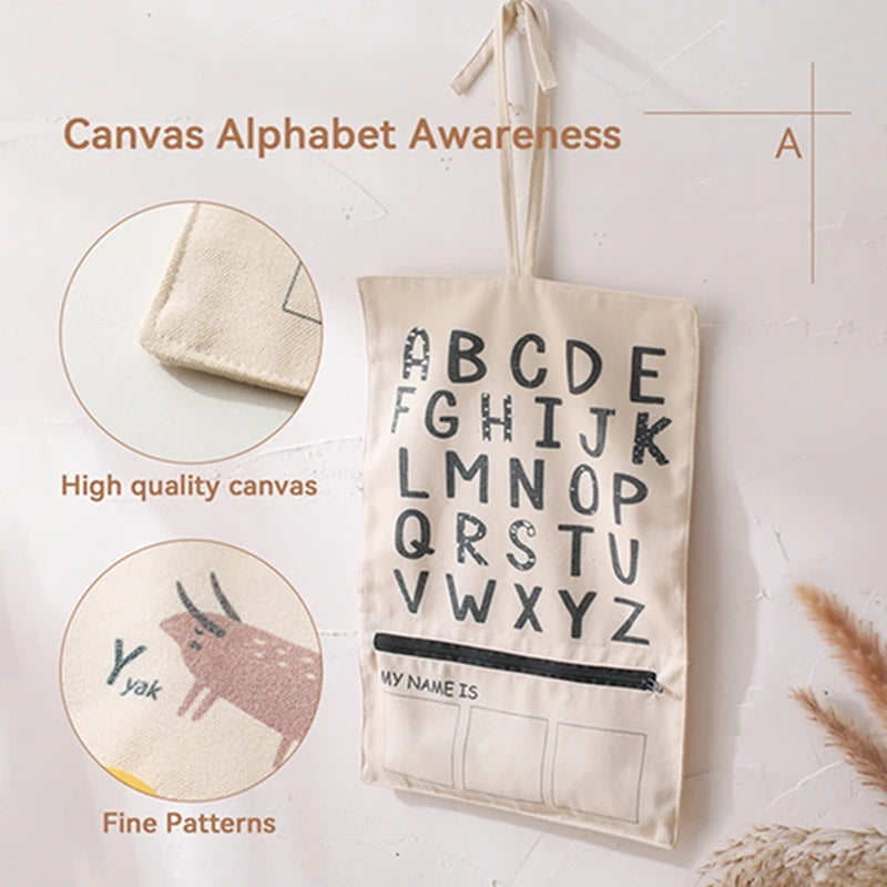Canvas ABC board with close-ups of the canvas fabric and animal prints