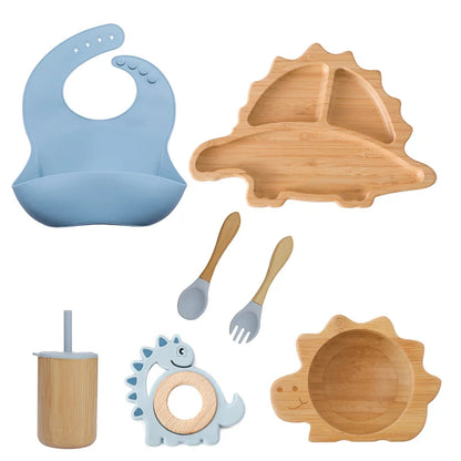 Eco-friendly Bubebaby Babylove 6-piece/7-piece Bamboo and Silicone Dinnerware Set for babies aged 6 months to 6 years. Made from BPA-free silicone and bamboo wood, this set includes a bowl, plate, fork, spoon, and teething toys, providing a safe and healthy mealtime experience. Certified by CE, EU, CIQ, and other standards for safety and quality